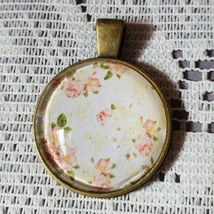 Floral Print Glass Cabochon Pendant - Handmade